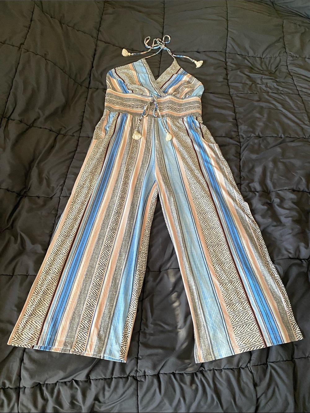 VENUS Boho Striped Halter Jumpsuit L Wide Leg Side Slit Tassel Ties